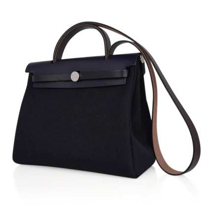 Herbag Zip 31 Bag Retourne Black Toile & Blue Indigo Vache Hunter Leather with Palladium Hardware