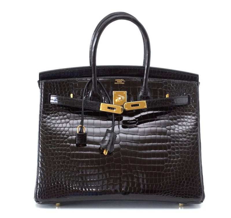 Birkin 35 Black Porosus Crocodile with Gold Hardware