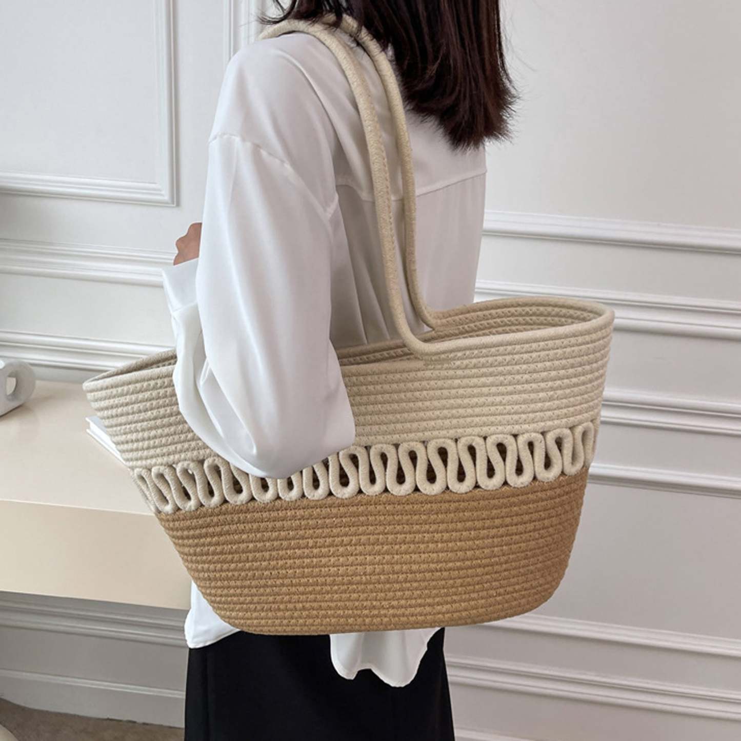 Women Crochet Shoulder Bag, Contrast Color/Dot Straw Woven Tote Bag for Daily Life, Beach, Travel, Outing