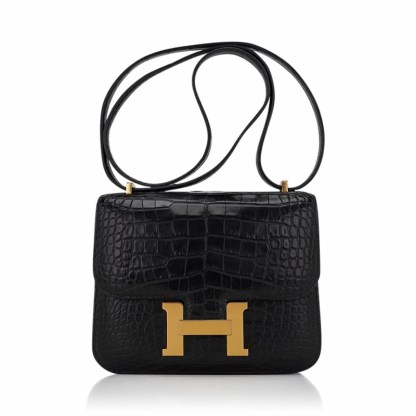 Mini Constance 18 Bag Black Matte Alligator with Gold Hardware and Mirror