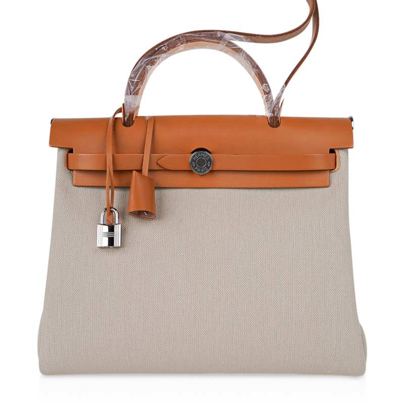 Herbag Zip 31 Bag Beton Toile Militaire / Natural Sable Leather Palladium New w/Box
