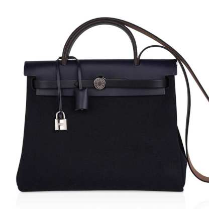 Herbag Zip 31 Bag Retourne Black Toile & Blue Indigo Vache Hunter Leather with Palladium Hardware