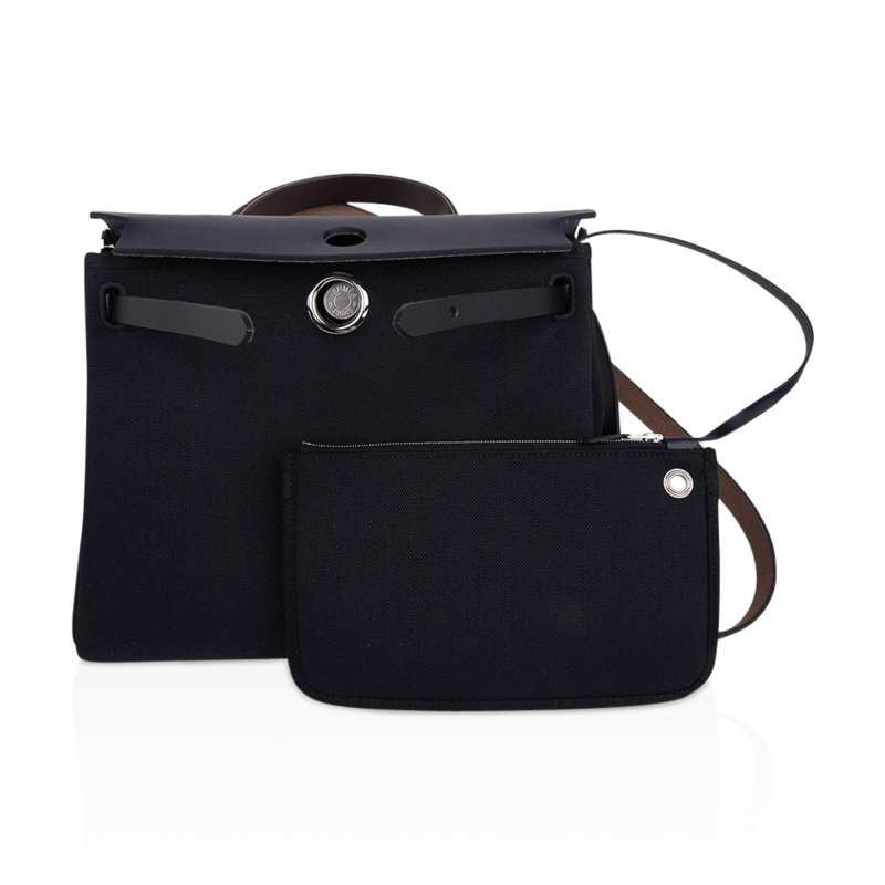 Herbag Zip 31 Bag Retourne Black Toile & Blue Indigo Vache Hunter Leather with Palladium Hardware