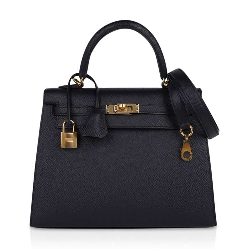 Kelly Sellier 25 Bag Black Epsom Gold Hardware New