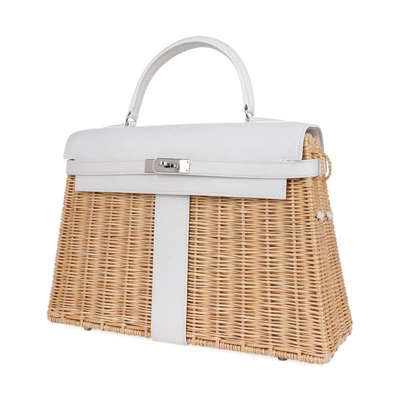Kelly 35 Picnic Bag White Swift Leather / Osier (Wicker) Limited Edition