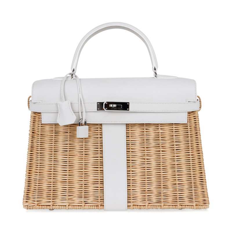 Kelly 35 Picnic Bag White Swift Leather / Osier (Wicker) Limited Edition