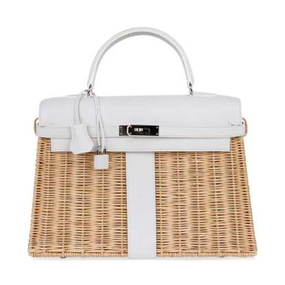 Kelly 35 Picnic Bag White Swift Leather / Osier (Wicker) Limited Edition