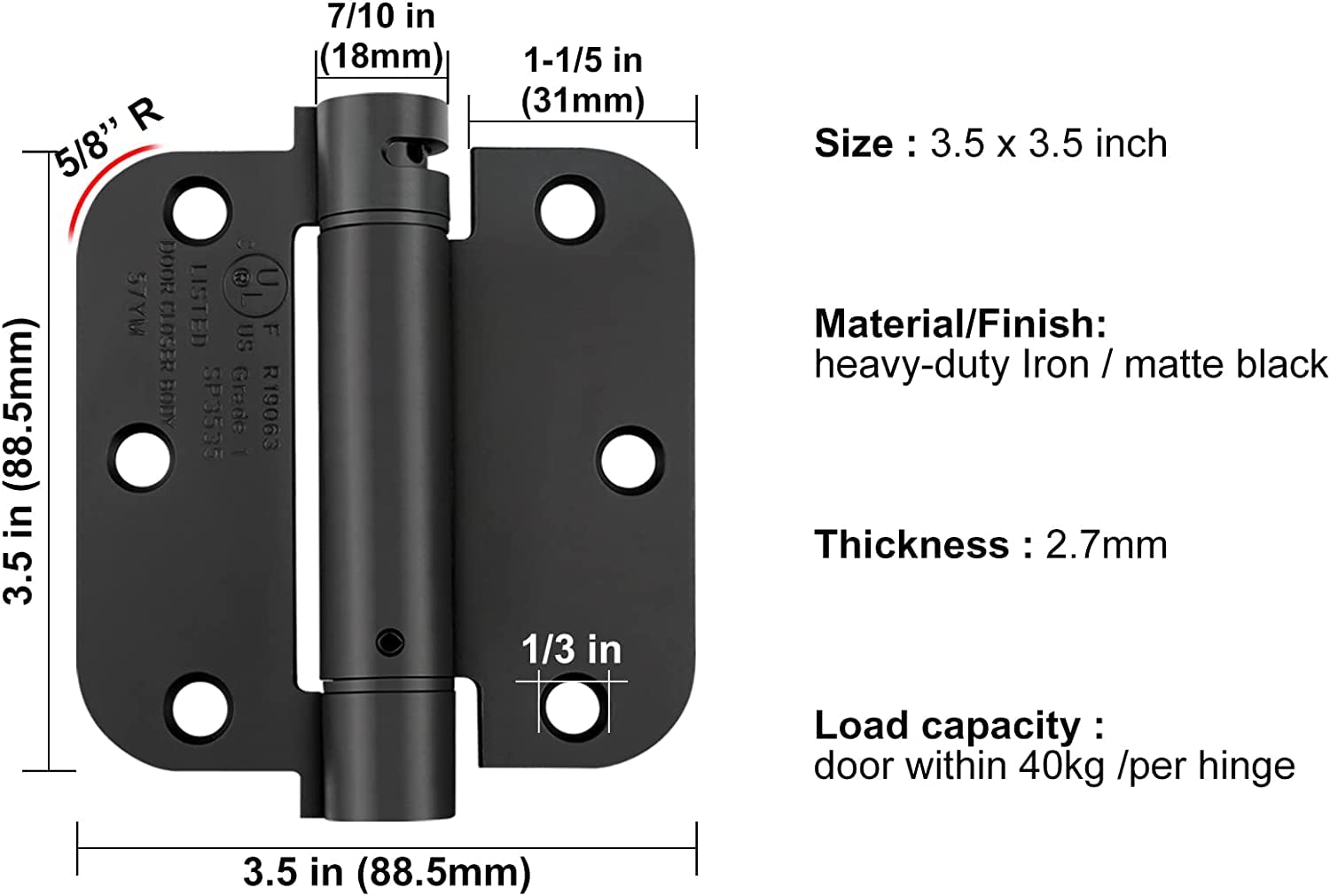 Black 3.5 Inch 5/8" Radius Corners Self Closing Spring Door Hinge