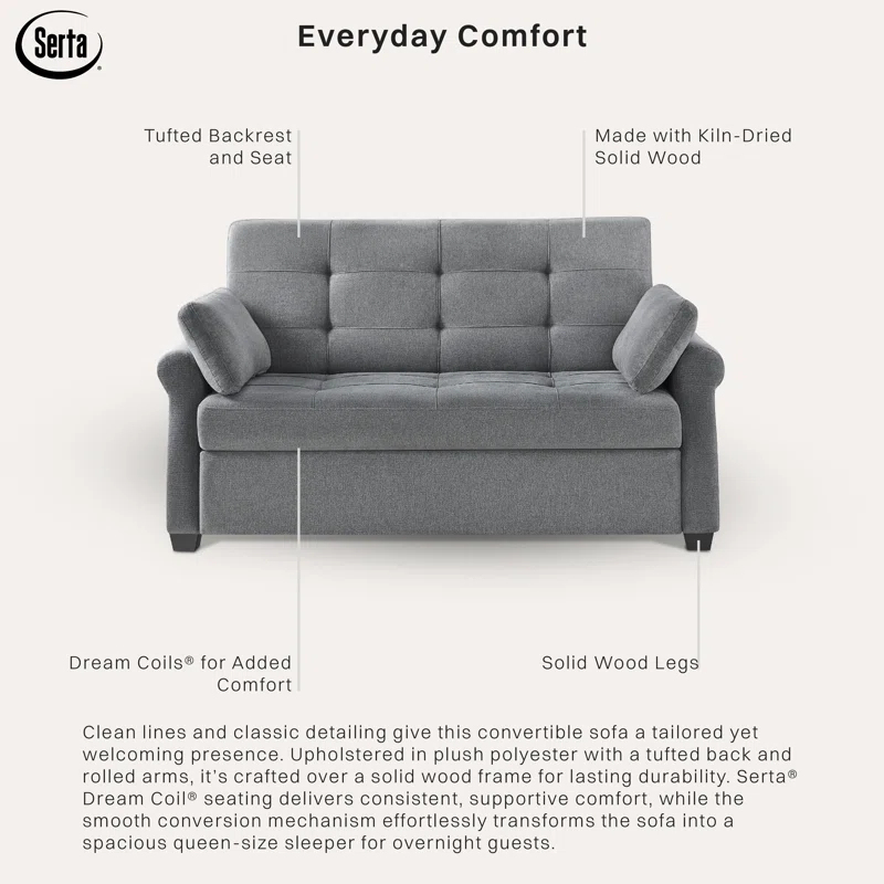 Serta Sabrina 72.6'' Queen Rolled Arm Tufted Back Convertible Sleeper Sofa with Cushions