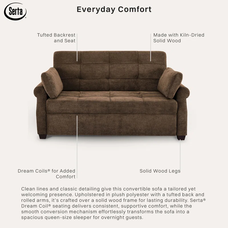 Serta Sabrina 72.6'' Queen Rolled Arm Tufted Back Convertible Sleeper Sofa with Cushions