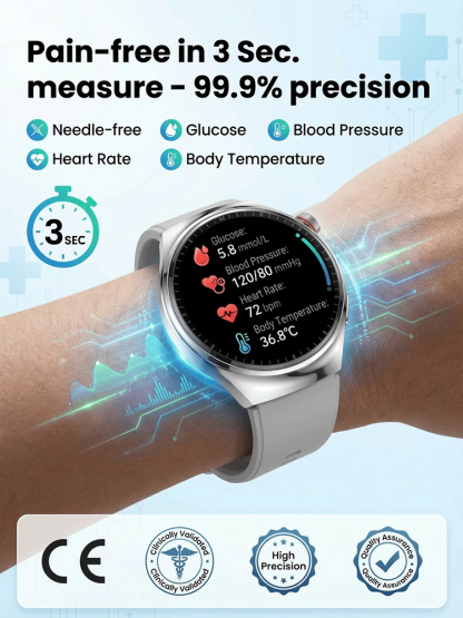🌍 US-German Co-Engineered + Top University Tech! Doctors’ #1 Pick Smart Watch – 3s Painless Blood Glucose Monitoring!