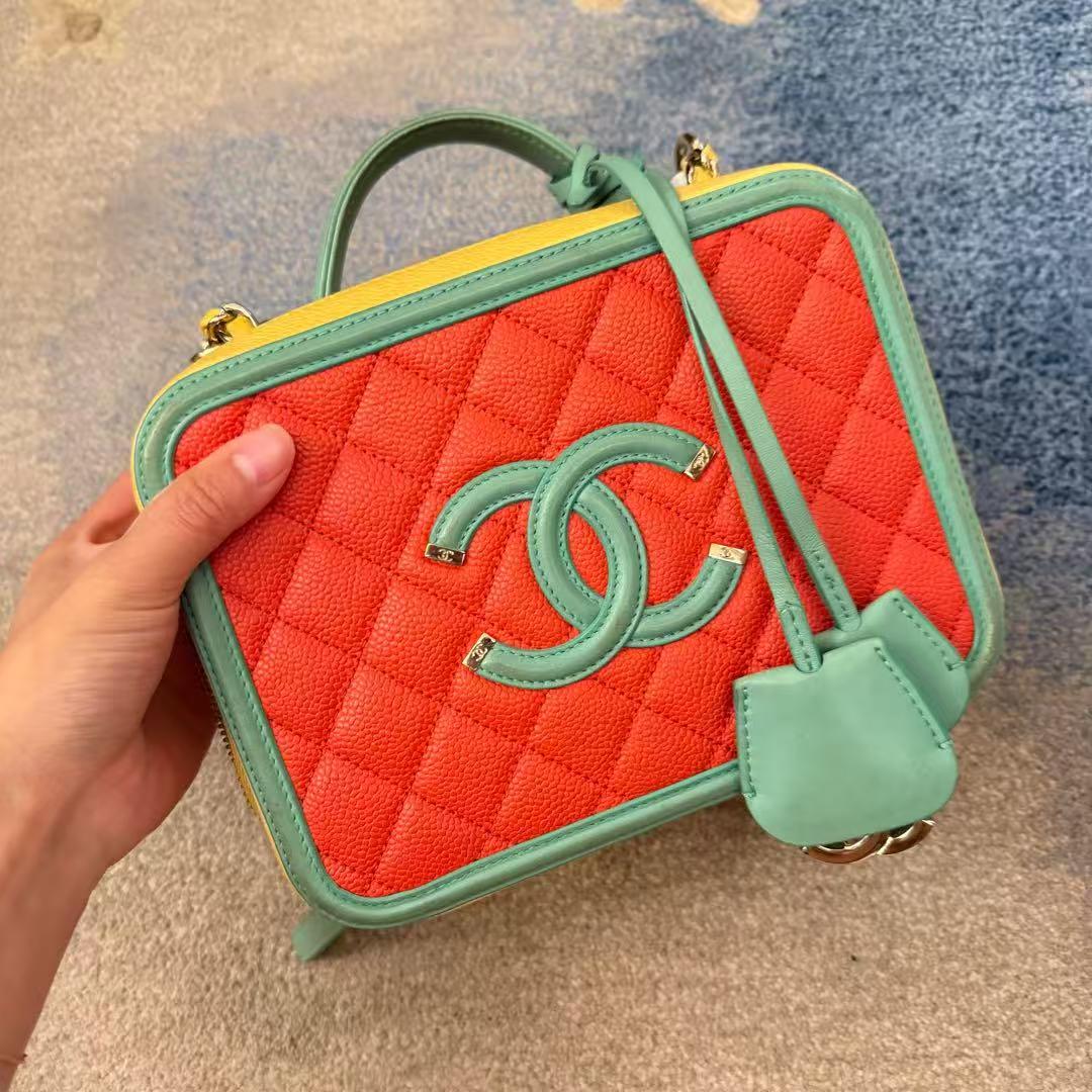 【#546】Pre-owned CHANEL Vanity Case Medium Size Orange Color Caviar Leather Grained Calfskin Camera Bag Shoulder Bag BJ1101819050135 