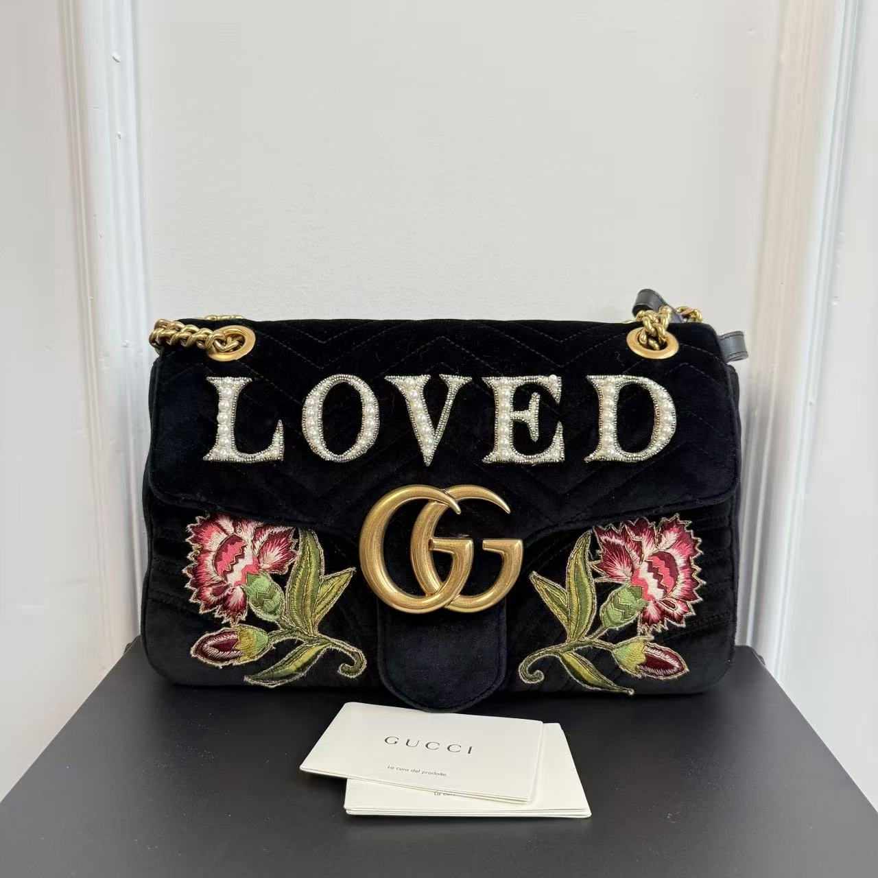 【#463】Pre-owned GUCCl Marmont 31 GG Logo Flowers and Loved letter embroidery Velvet Shoulder Bags BJ1101504040