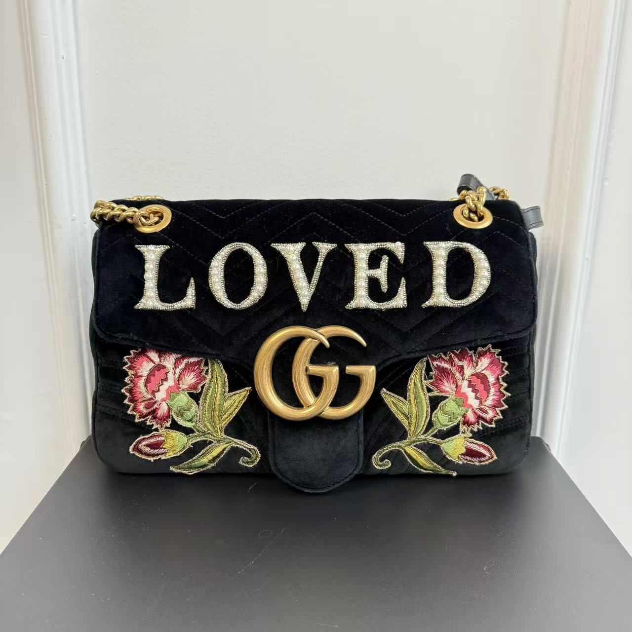 【#463】Pre-owned GUCCl Marmont 31 GG Logo Flowers and Loved letter embroidery Velvet Shoulder Bags BJ1101504040