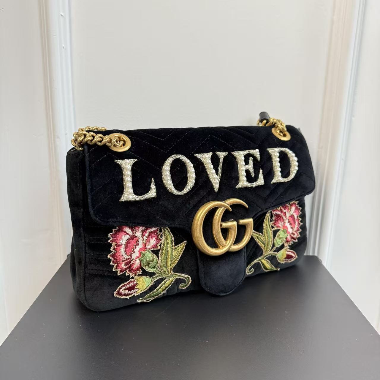 【#463】Pre-owned GUCCl Marmont 31 GG Logo Flowers and Loved letter embroidery Velvet Shoulder Bags BJ1101504040