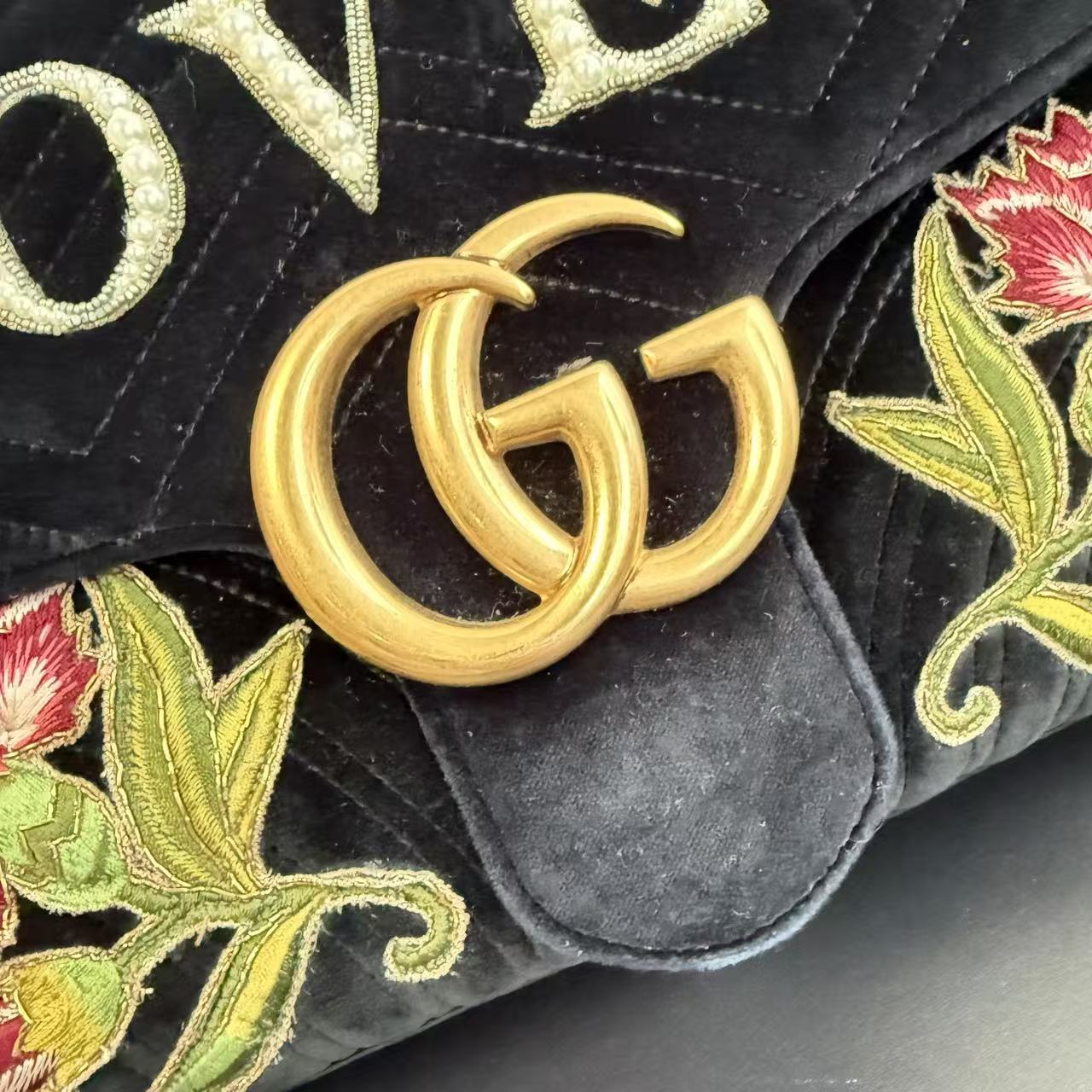 【#463】Pre-owned GUCCl Marmont 31 GG Logo Flowers and Loved letter embroidery Velvet Shoulder Bags BJ1101504040
