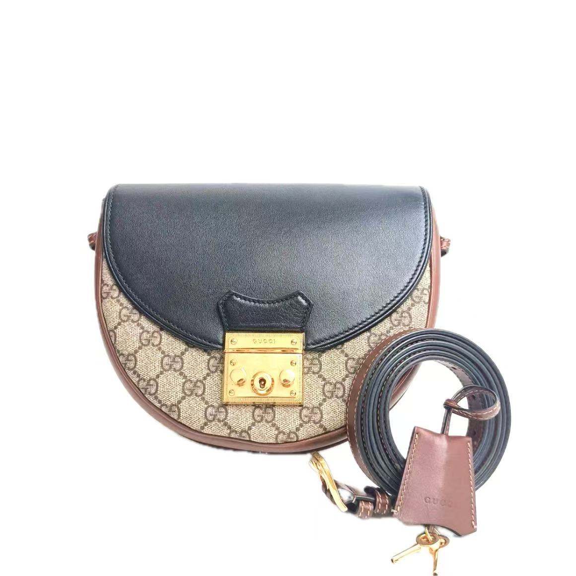 【#462】Pre-owned GUCCl Padlock Moonlight Saddle Bag Canvas&Calfskin Shoulder BagsBJ1101604040 