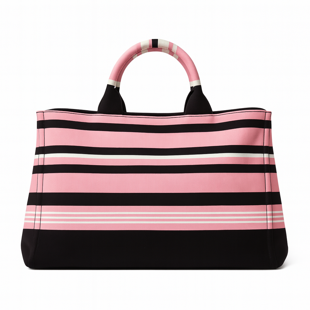【#450】Pre-owned PRADA Striped Beach Pink&Black Canvas Tote Bags BJ1109904027 