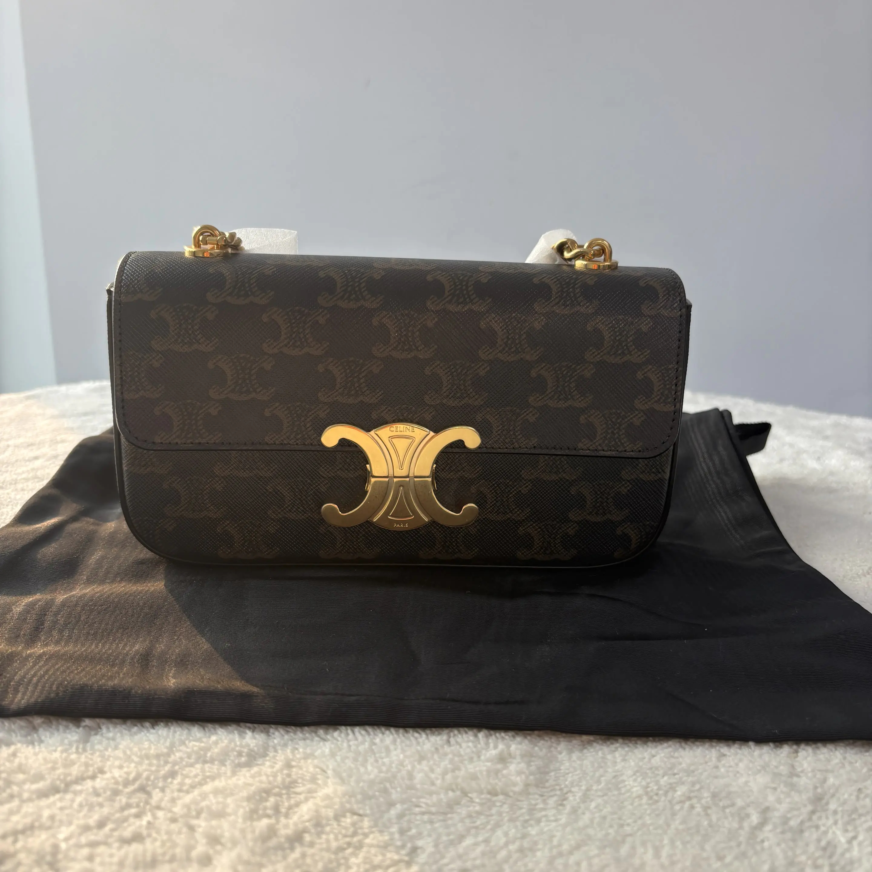 【#527】 Pre-owned Celine Triomphe Claude Monogram Gold Hardware Calfskin Shoulder Bag BJ110990409