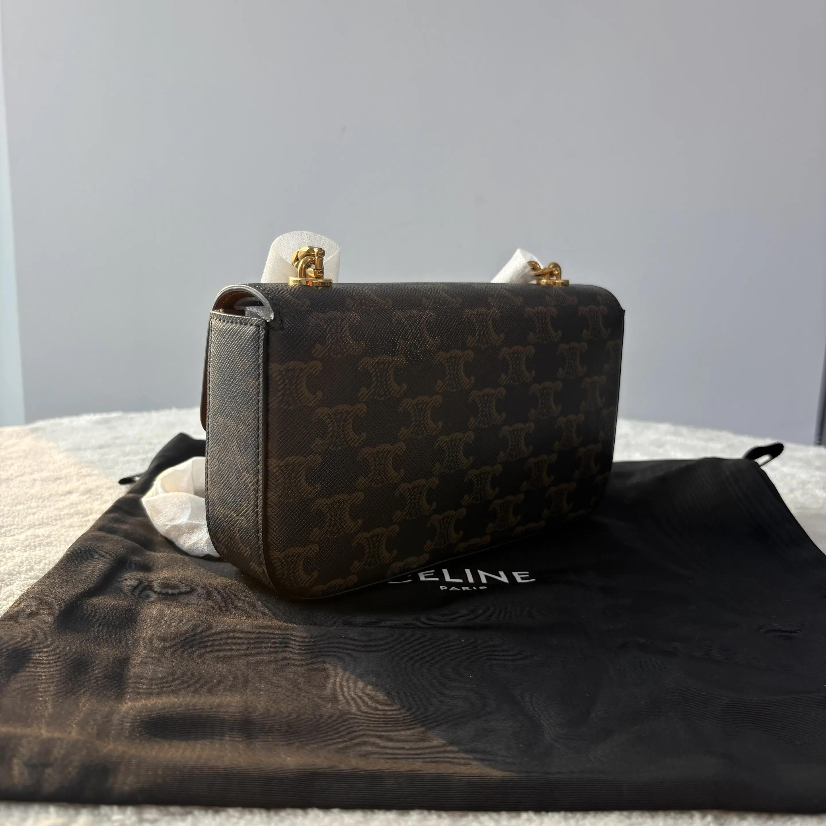【#527】 Pre-owned Celine Triomphe Claude Monogram Gold Hardware Calfskin Shoulder Bag BJ110990409