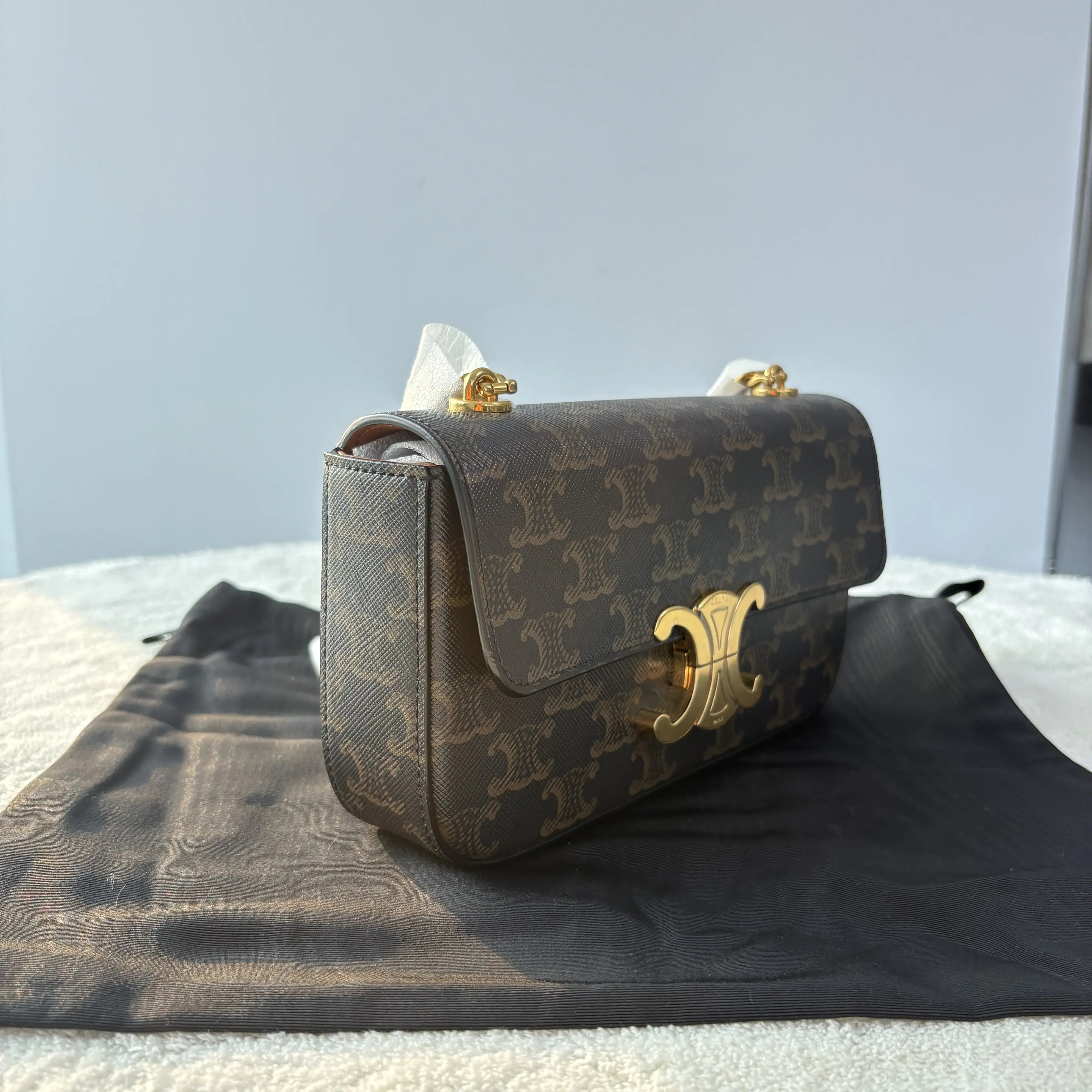 【#527】 Pre-owned Celine Triomphe Claude Monogram Gold Hardware Calfskin Shoulder Bag BJ110990409