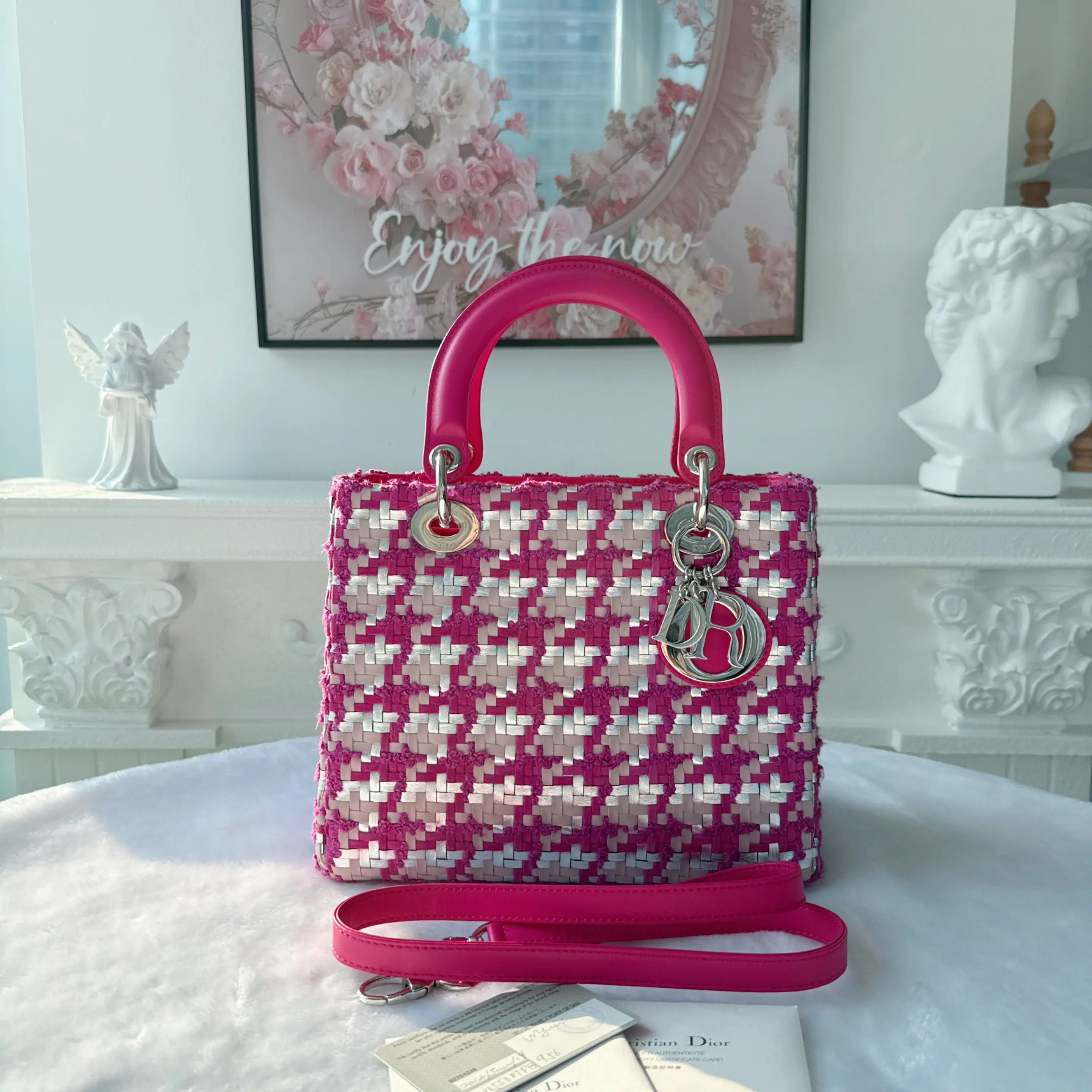 【#520】Pre-owned Dior Lady Dior Pink&Silver Raffia Woven Medium Size BJ110130408 