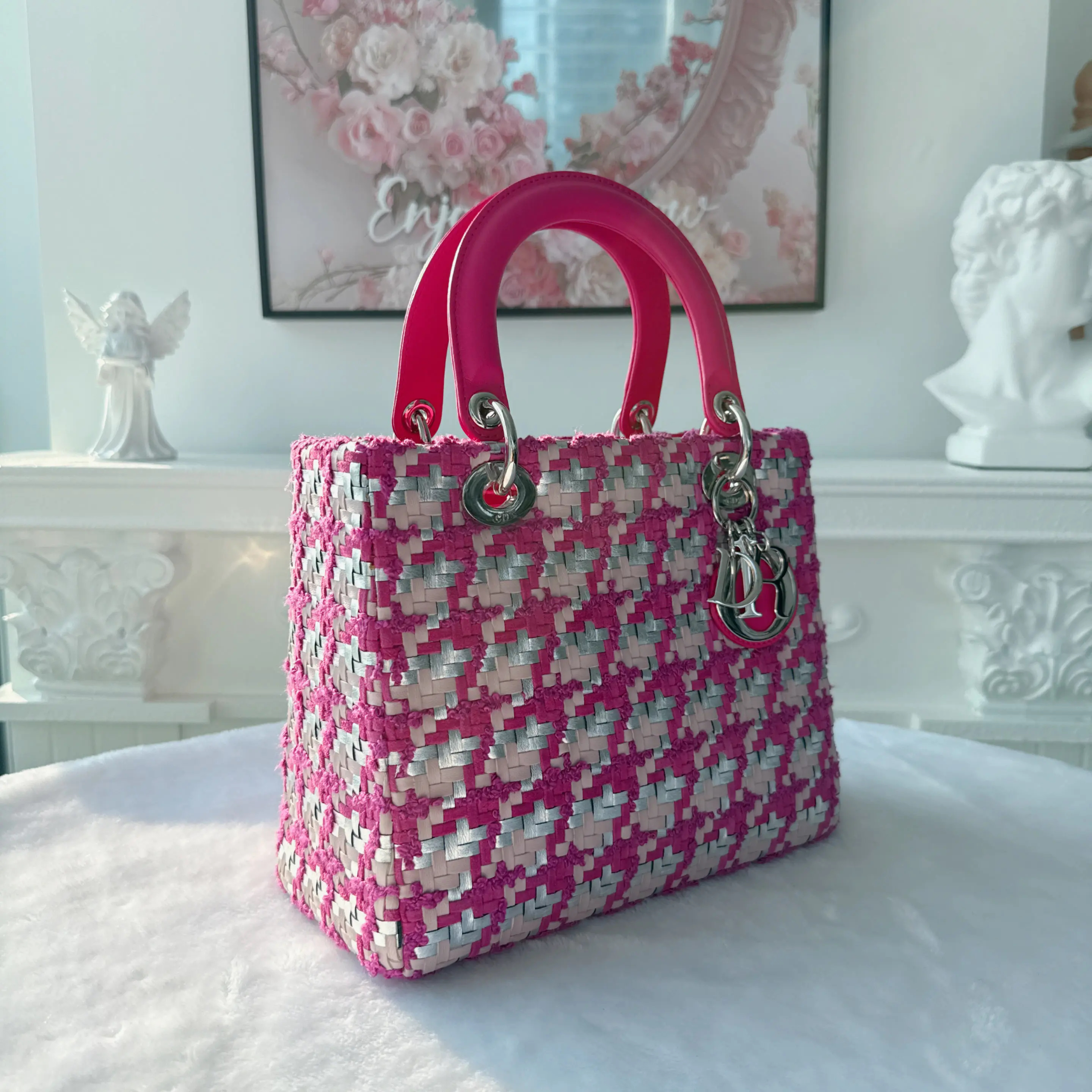 【#520】Pre-owned Dior Lady Dior Pink&Silver Raffia Woven Medium Size BJ110130408 