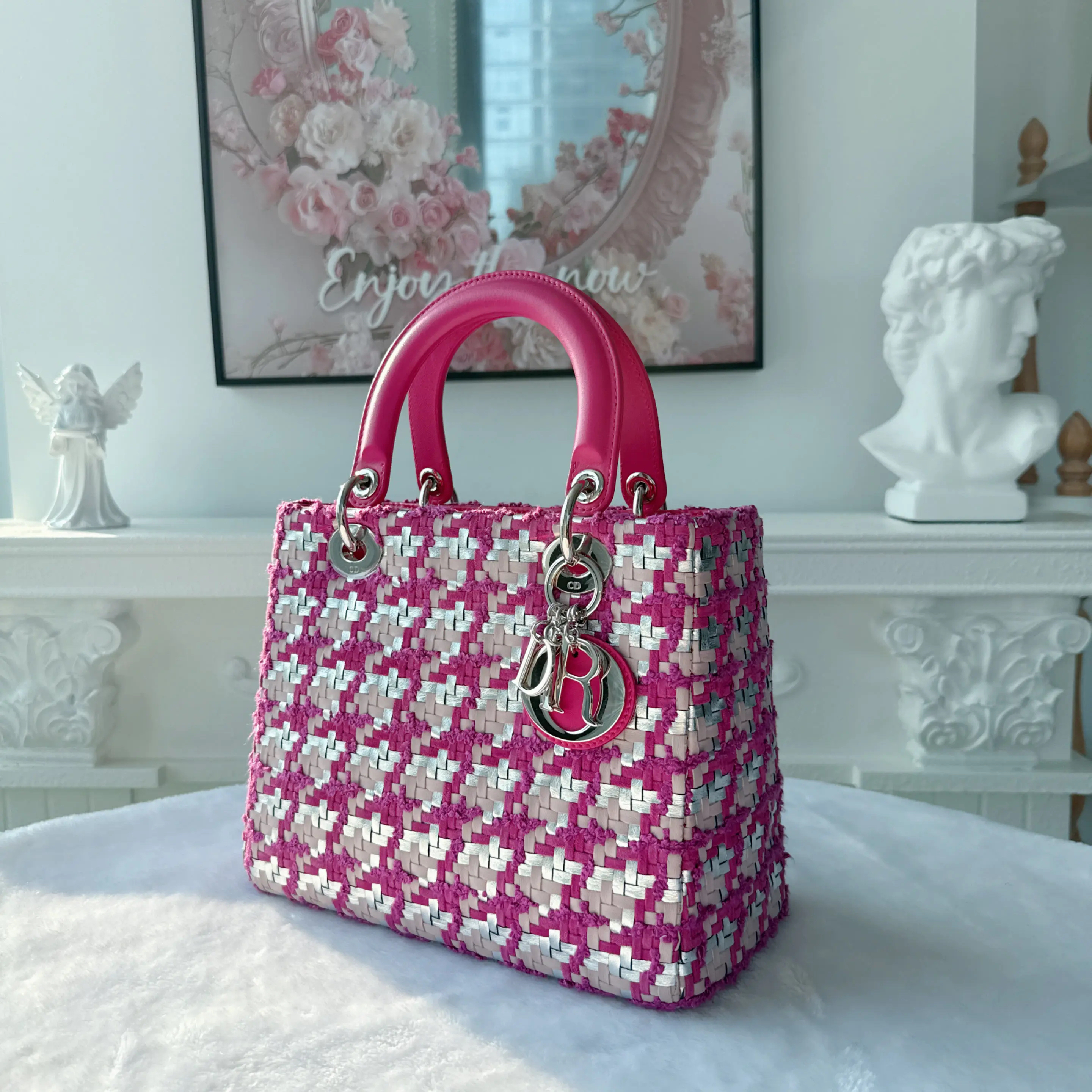 【#520】Pre-owned Dior Lady Dior Pink&Silver Raffia Woven Medium Size BJ110130408 