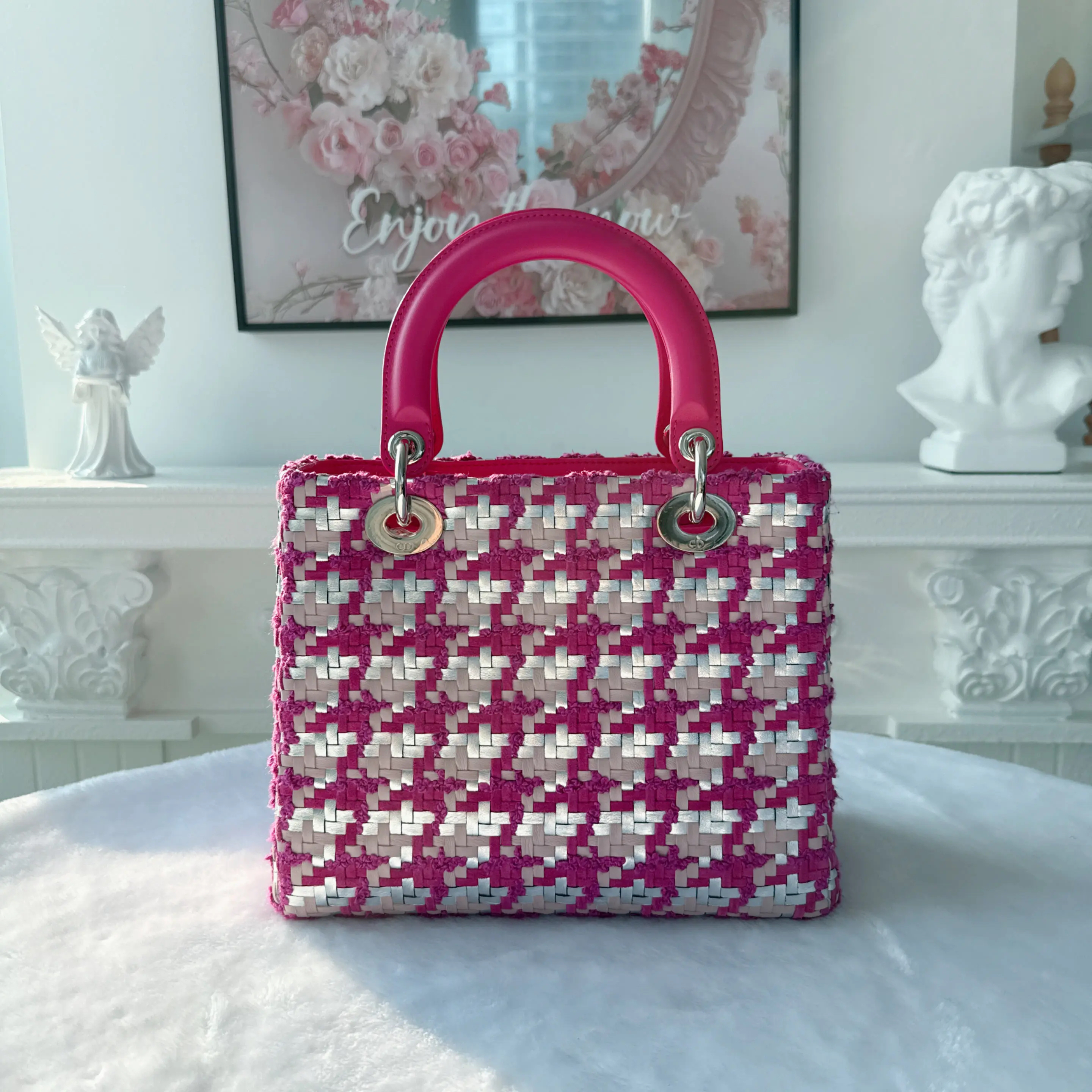 【#520】Pre-owned Dior Lady Dior Pink&Silver Raffia Woven Medium Size BJ110130408 