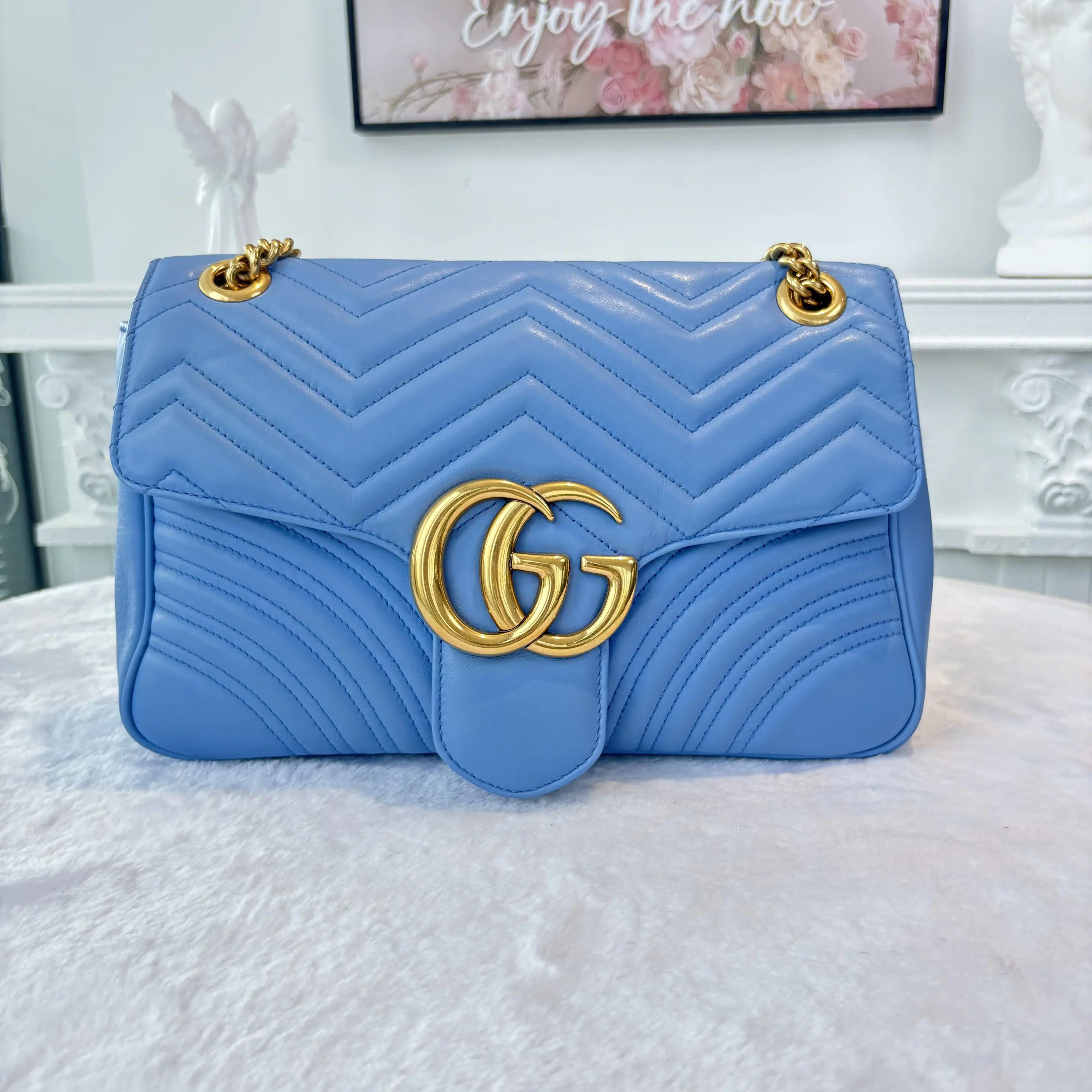 【#726】Pre-owned Gucci Marmont 30 Blue Calfskin Shoulder Bag BJ1101504045