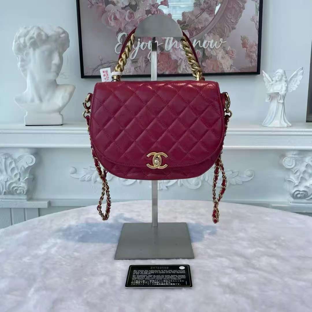 【#813】Pre-owned CHANEL Oil-Waxed Leather Shoulder Bags BJ1101804098 Seasonal Flap Bag Red