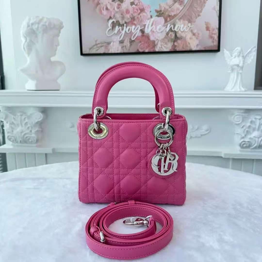 【#745】Pre-owend Dior Lady Dior Mini Pink Lambskin Shoulder Bag BJ11014050105
