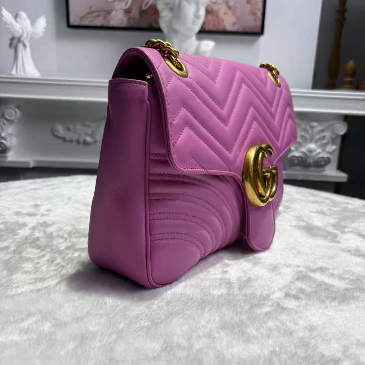 【#722】Pre-owned Gucci Marmont  Pink&Purple Calfskin 31 Crossbody bag BJ1101404045
