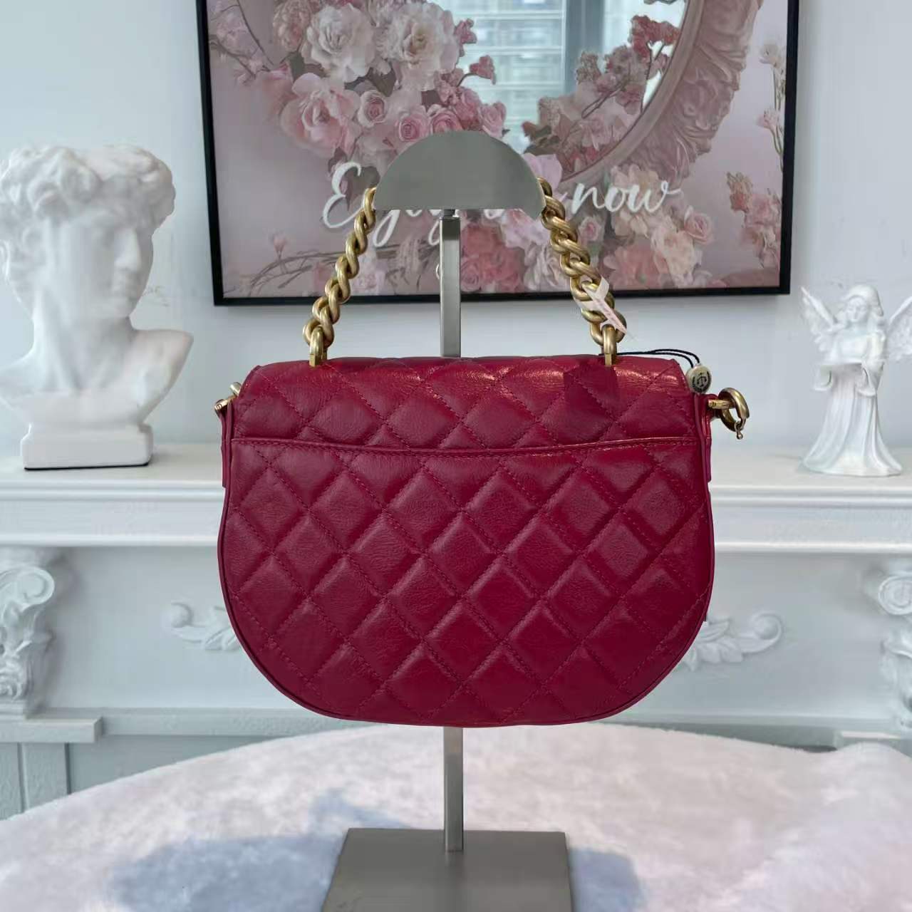 【#813】Pre-owned CHANEL Oil-Waxed Leather Shoulder Bags BJ1101804098 Seasonal Flap Bag Red