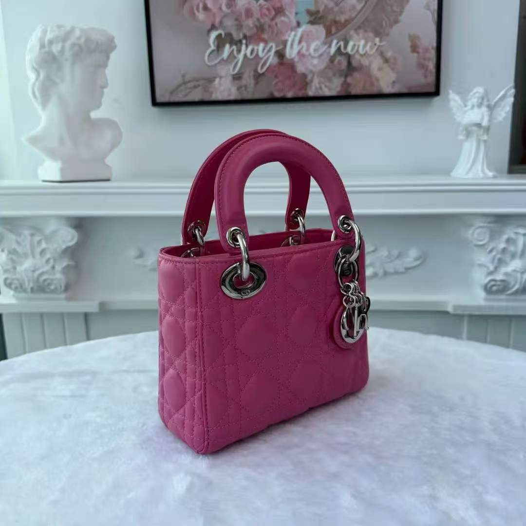 【#745】Pre-owend Dior Lady Dior Mini Pink Lambskin Shoulder Bag BJ11014050105