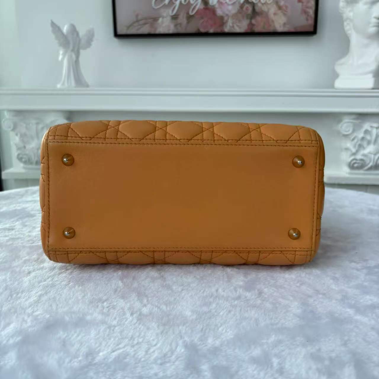 【#750】Pre-owend Dior Lady Dior Medium Yellow Lambskin Shoulder Bag BJ11012040135