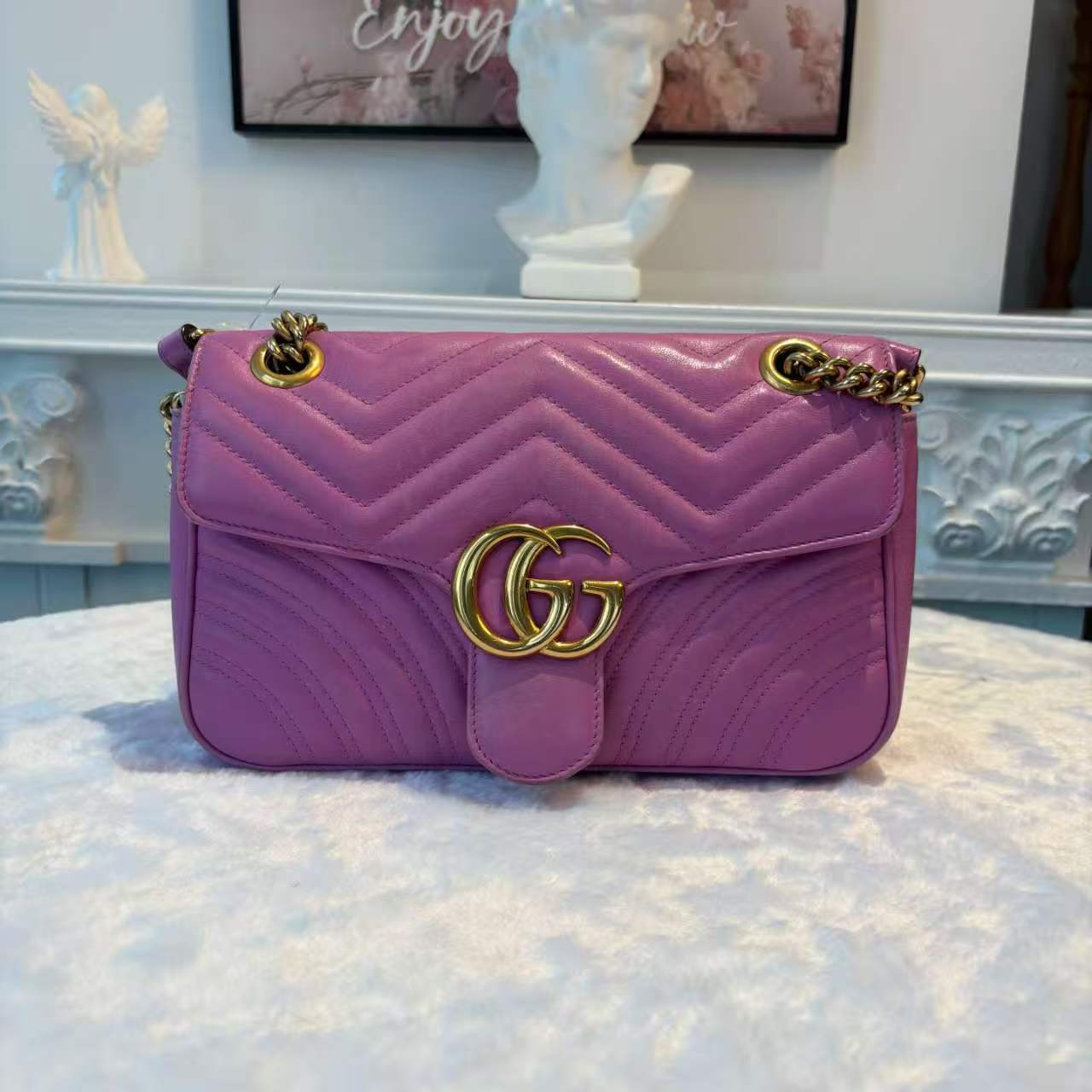 【#721】Pre-owned Gucci Marmont Medium Pink&Purple Calfskin 26 Crossbody bag BJ1101404045