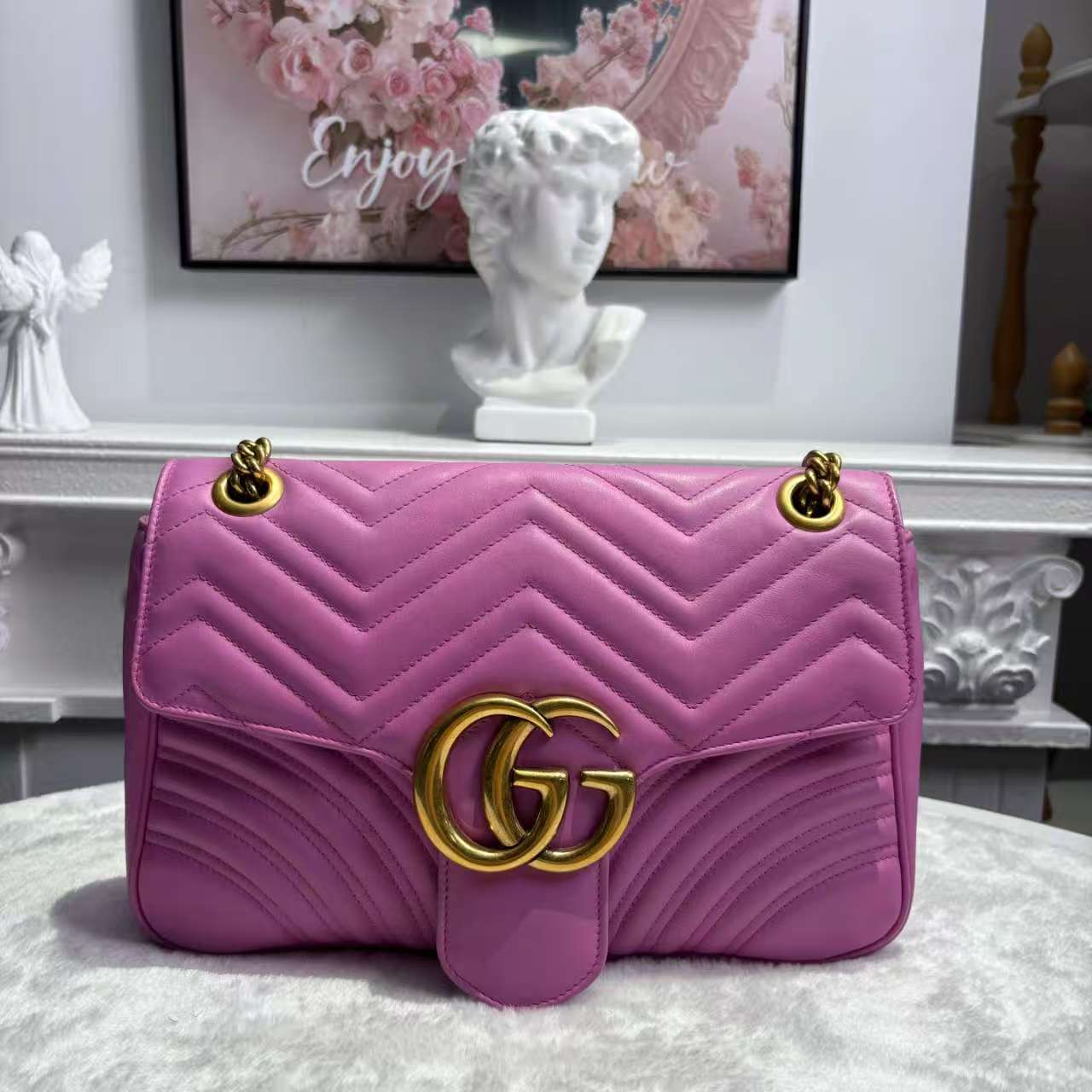 【#722】Pre-owned Gucci Marmont  Pink&Purple Calfskin 31 Crossbody bag BJ1101404045