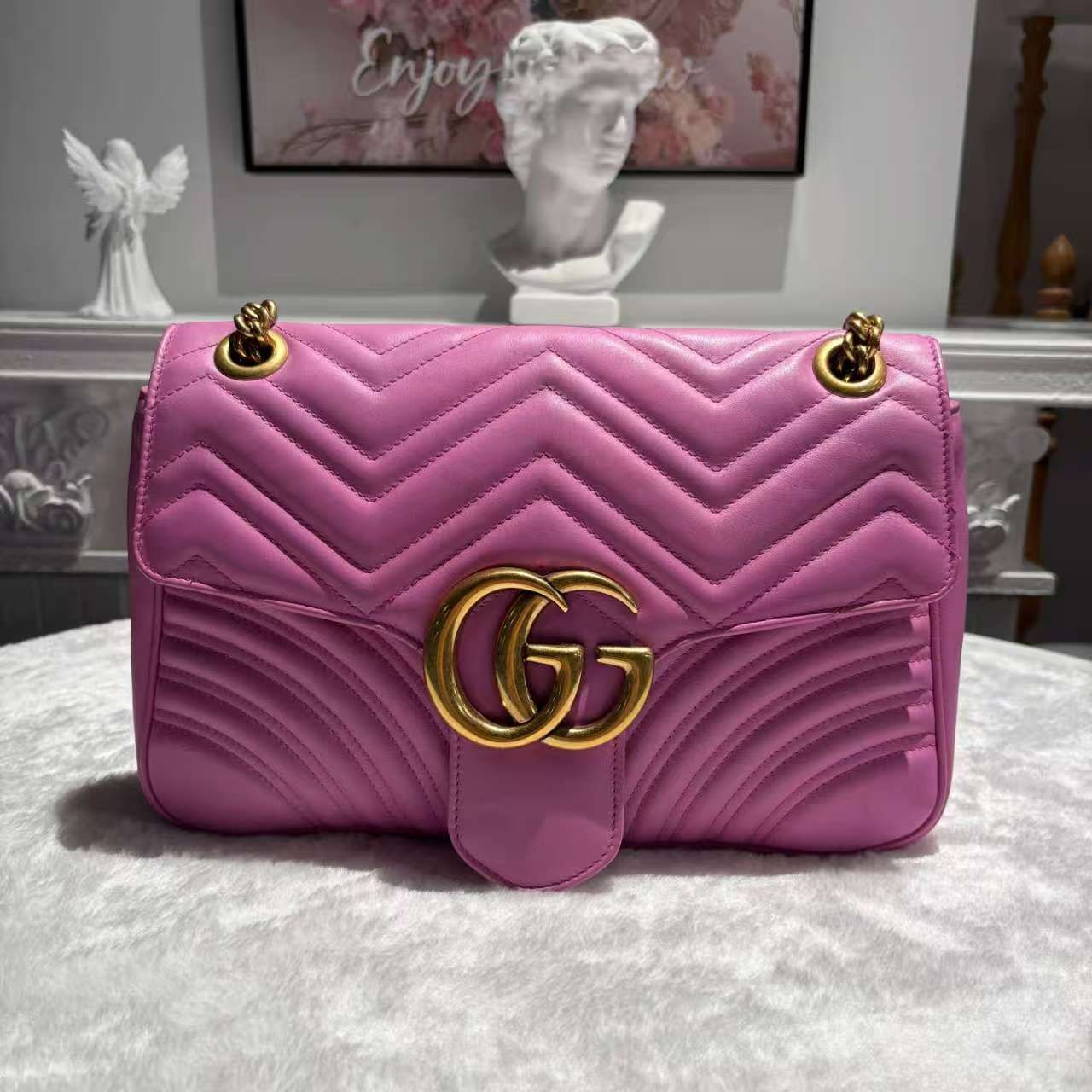 【#722】Pre-owned Gucci Marmont  Pink&Purple Calfskin 31 Crossbody bag BJ1101404045
