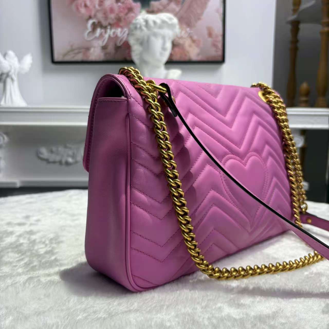 【#722】Pre-owned Gucci Marmont  Pink&Purple Calfskin 31 Crossbody bag BJ1101404045