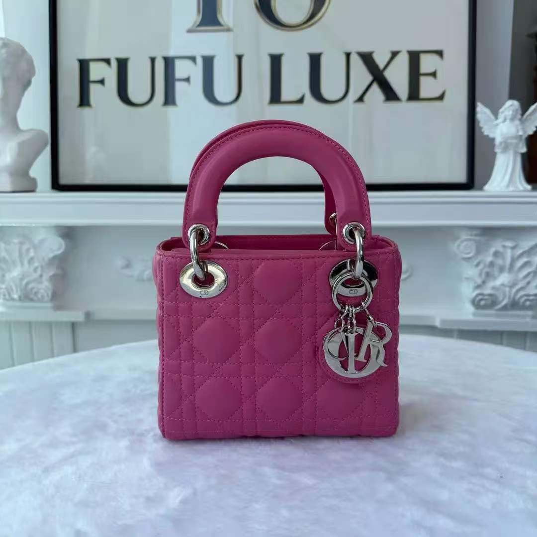 【#745】Pre-owend Dior Lady Dior Mini Pink Lambskin Shoulder Bag BJ11014050105