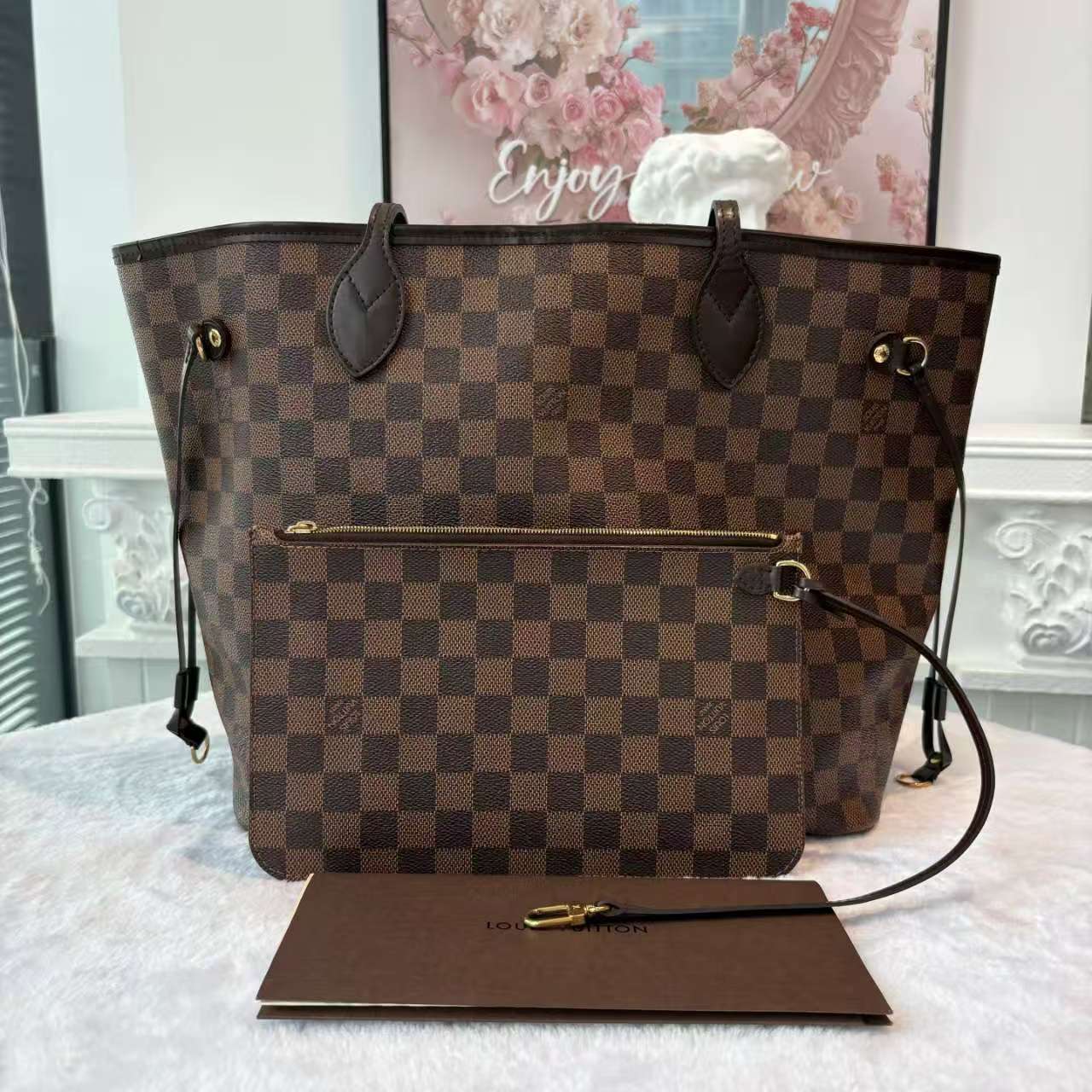 【#760】Pre-owned Louis Vuitton Neverfull Damier Canvas&Calfskin Medium Crossbody Bag BJ1109904068