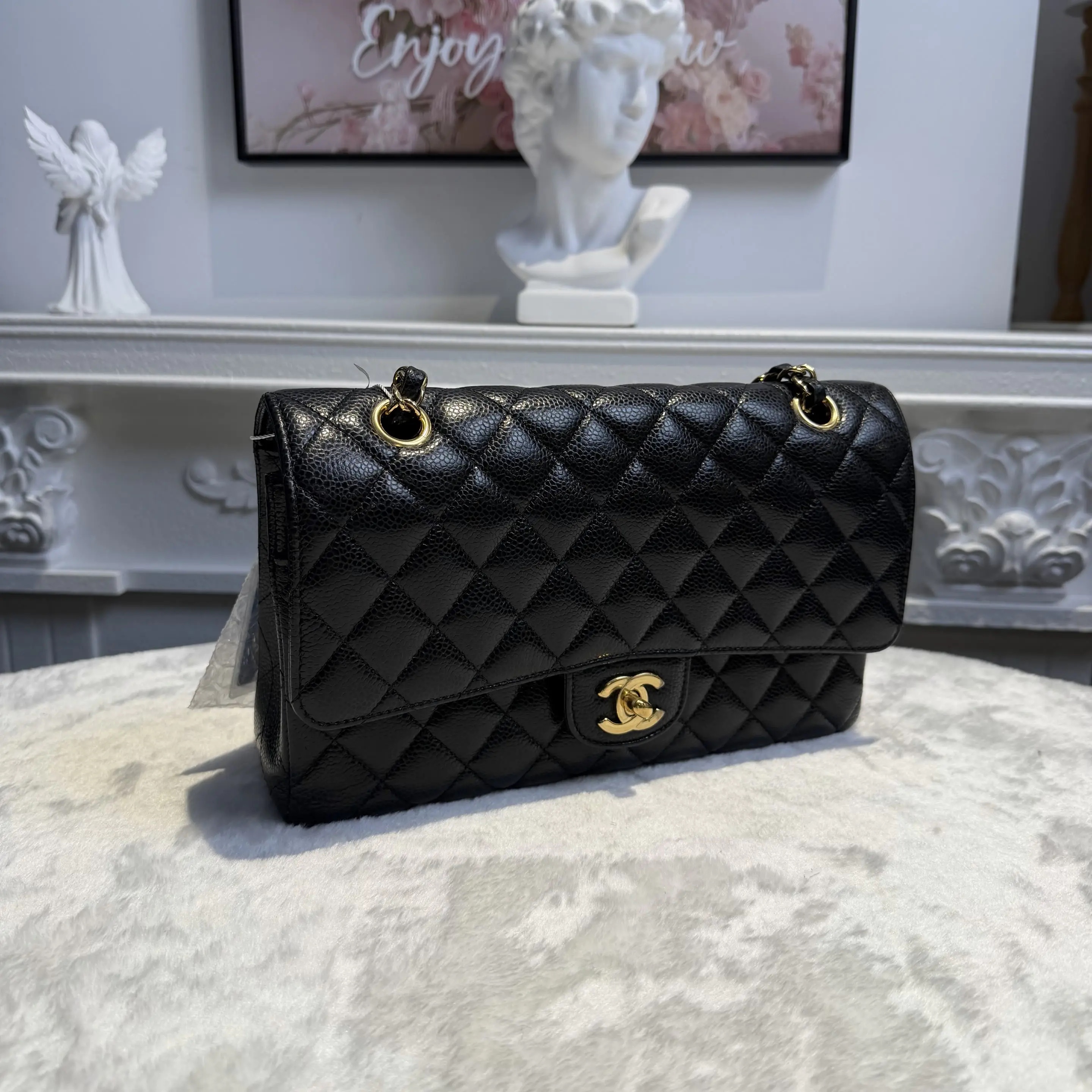 【#780】Pre-owned Chanel Classic Flap Double Flap Caviar Calfskin Black Gold Shoulder Full Set Bag BJ1102105040