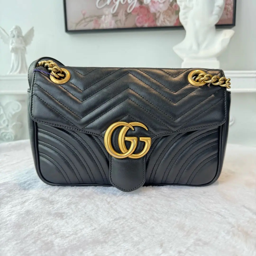 [#621]Pre owned Gucci Marmont Black Calfskin Medium 26