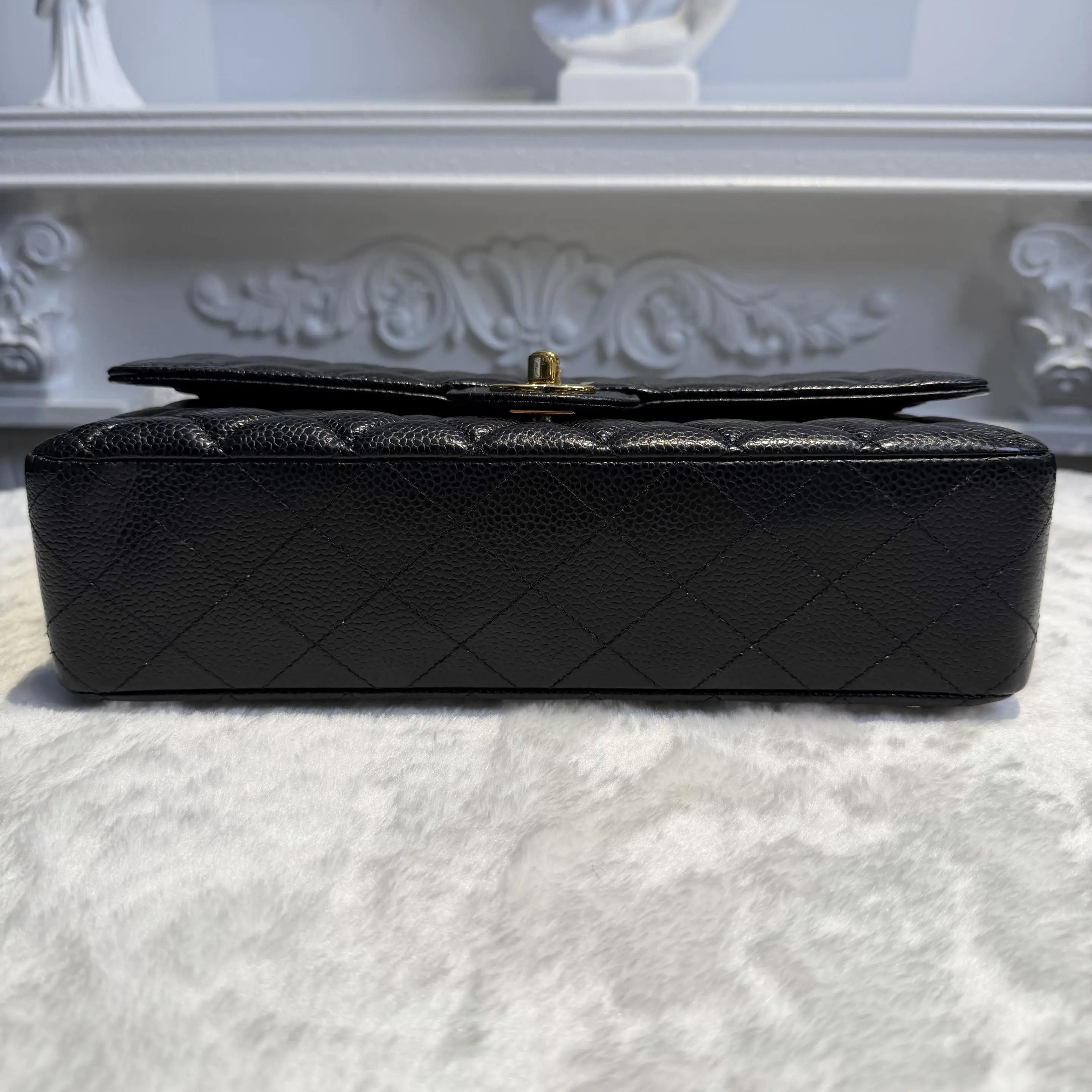 【#780】Pre-owned Chanel Classic Flap Double Flap Caviar Calfskin Black Gold Shoulder Full Set Bag BJ1102105040