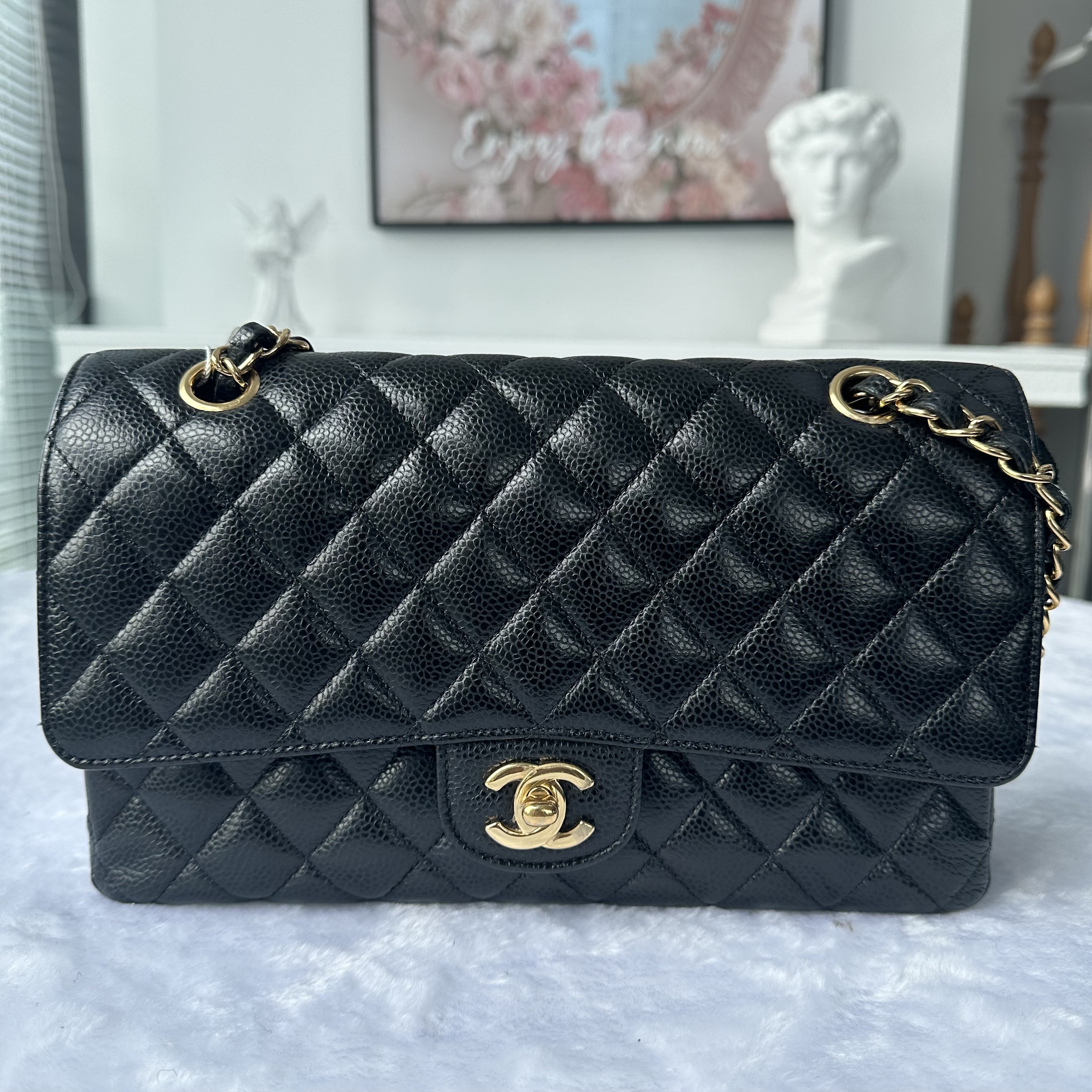 【#780】Pre-owned Chanel Classic Flap Double Flap Caviar Calfskin Black Gold Shoulder Full Set Bag BJ1102105040