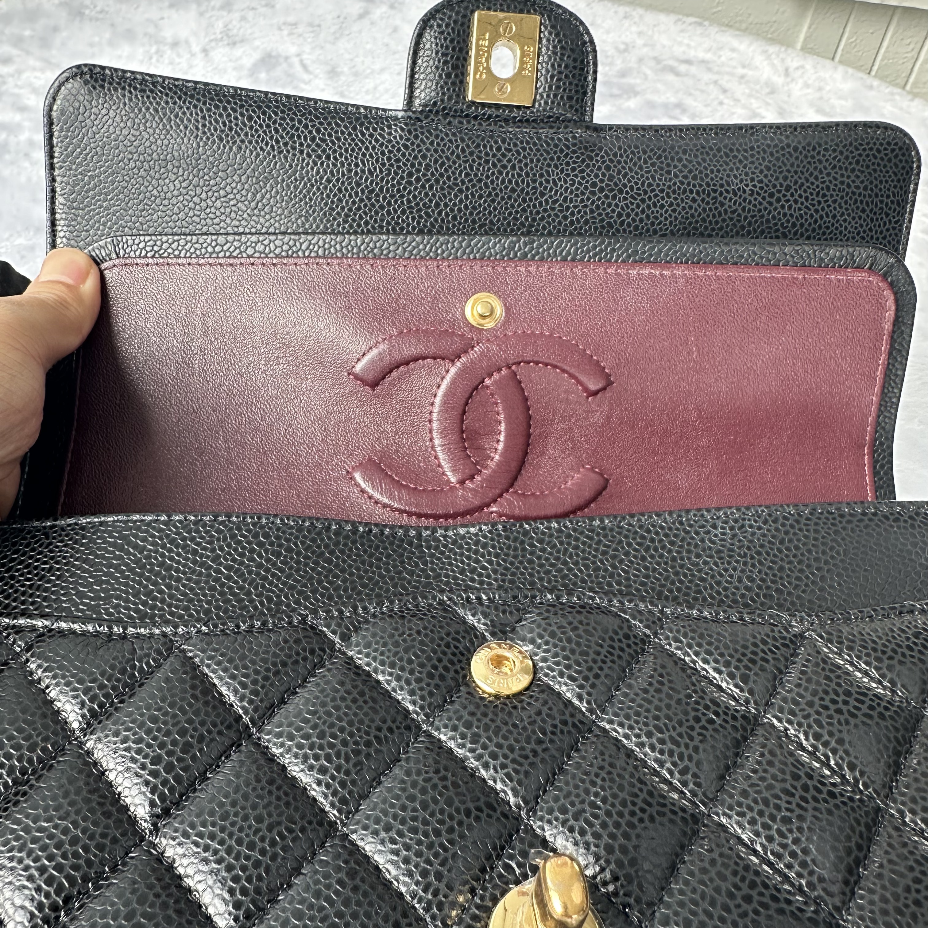 【#780】Pre-owned Chanel Classic Flap Double Flap Caviar Calfskin Black Gold Shoulder Full Set Bag BJ1102105040