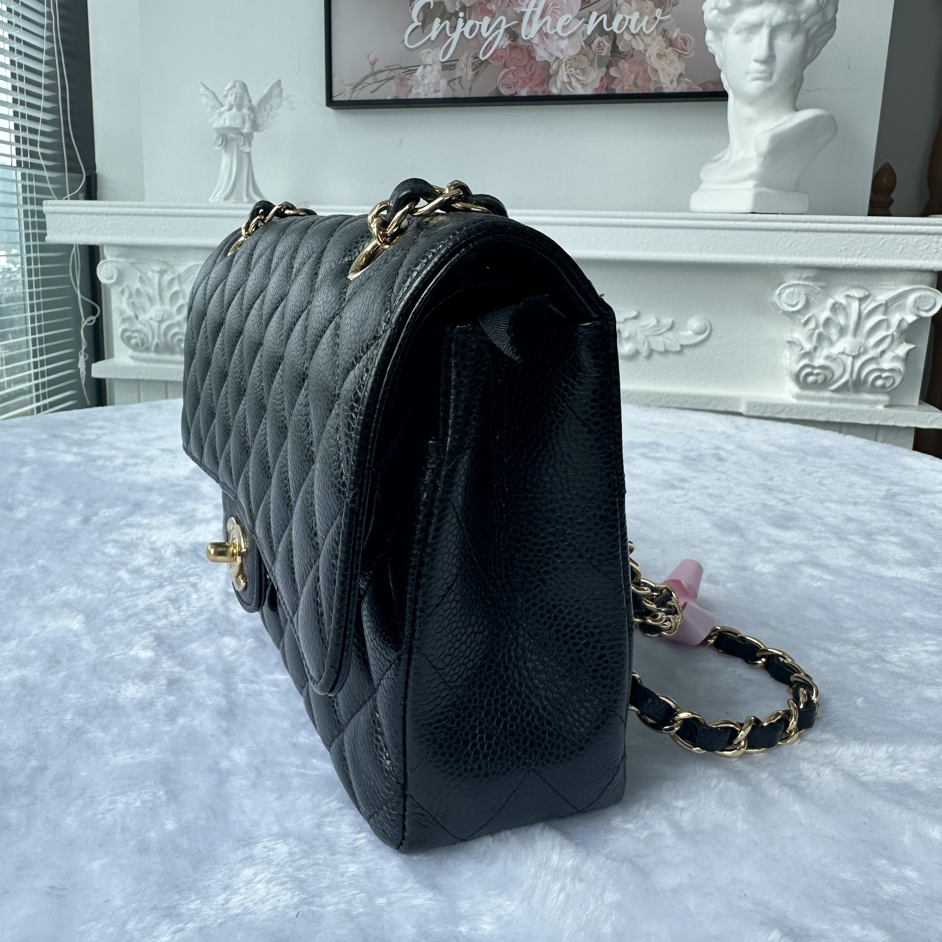 【#780】Pre-owned Chanel Classic Flap Double Flap Caviar Calfskin Black Gold Shoulder Full Set Bag BJ1102105040