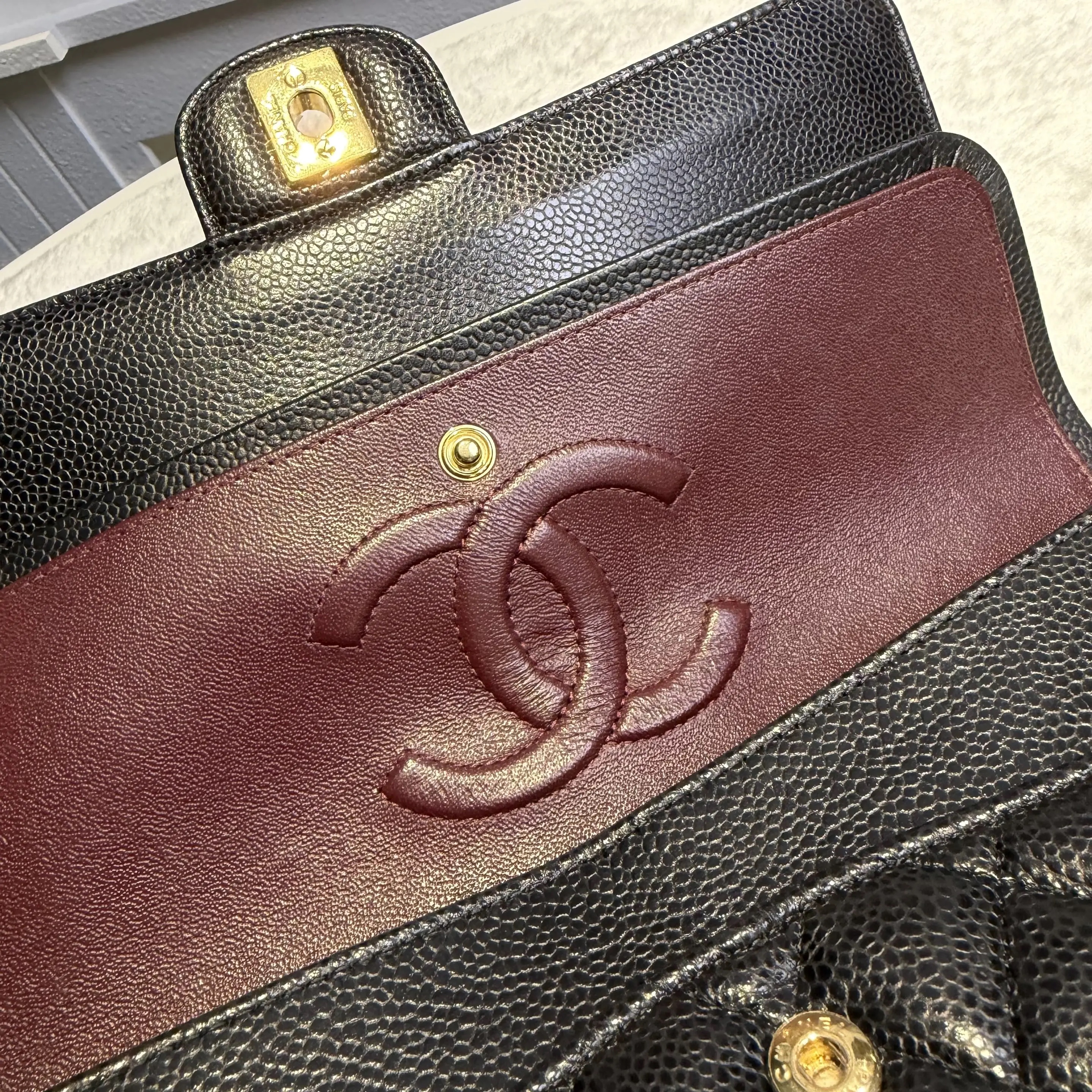 【#780】Pre-owned Chanel Classic Flap Double Flap Caviar Calfskin Black Gold Shoulder Full Set Bag BJ1102105040