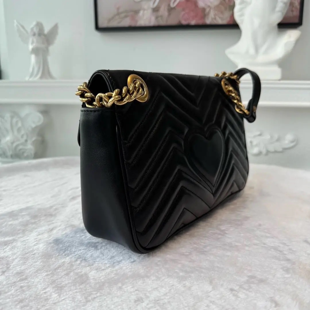 [#621]Pre owned Gucci Marmont Black Calfskin Medium 26